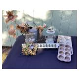 Galvanized watering can, chicken feeder, muffin