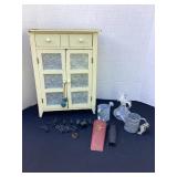 Tin punched table top cupboard, hooks & more