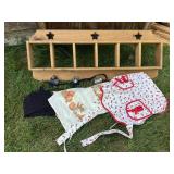 Wood wall shelf with star cutouts, pegs & 3