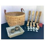 Basket, hardware, votive holders, bell, wood