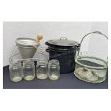Canning supplies; jars, strainer, lids & more