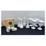 Milk glass vases, goblets, cow Sa&P, pitcher