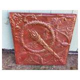 Tin panel with torch on wood frame, 24 1/2' square