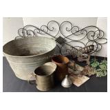 Basin of old iron, receipt hooks, scroll decor &