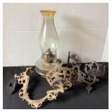 13' oil lamp & 2 iron wall brackets