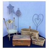 Vintage jewelry chest, metal fly swatters, rug
