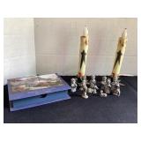 Pewter nativity miniatures, primitive candles &