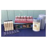 Spice jars, tins, tin book holders, wood sliding