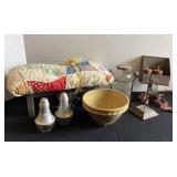 Miniature quilt top stool, S&P, stoneware bowl,