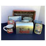 1975 Coca-Cola crate, tins, buckets, lunchbox &