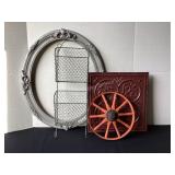 Old oval frame, wall basket, wheel & tin wall
