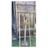Birdhouse, hay rake & walking stick