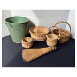 Metal bucket, 4 baskets & whisk broom