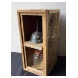 Barn wood shelf, painted oiler & vintage jar