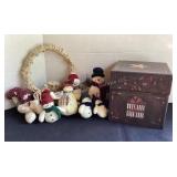 Cast iron wreath, snowmen, decorative box
