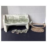 Display bench, 6 jelly jars, glass knobs & basket