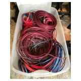 Tote of basket making material; blues,