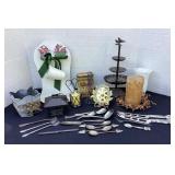 Silver plate silverware, tiered tray, enamelware