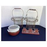 Wire baskets, artisan crock, candle holder