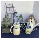 Birdhouse, watering cans, gazebo, metal shelf &