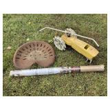 Tractor sprinkler, tractor seat & roll of burlap