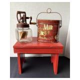 Wood stool, decorative milk tin & mini butter
