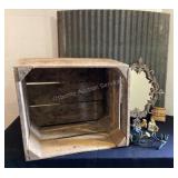 Barn tin, crate, mirror, iron curtain tie backs &