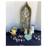 Fairy garden items, watering cans, tin candle