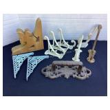 Wire basket, shelf brackets, iron hooks, cast