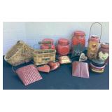 Red ceramic canisters, metal wall pockets,