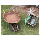 Wheelbarrow for planter, crate with wood flower,