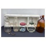 Primitive wood shelf, milk bottles, cream ladle &