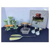 Doll furniture, metal candle holders, glass