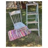 Vintage wood step ladder, old chair & colorful
