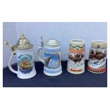 4 steins; McCoy, Budweiser, German