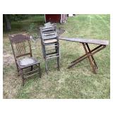 Chair, wood ironing board, wringer stand