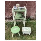 Plant stand, small stools & decor