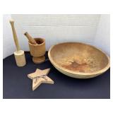 15' wood butter bowl, smasher, mortar & pestle