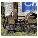 Steel yard cart with barn wood, has flat tires,