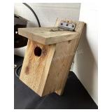 Bird house, cast iron plant holder, lantern,