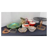 Wire cake plate, poppy plates, carnival glass