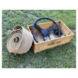 Wine box, 5'  flat belt, steering wheel, ax head