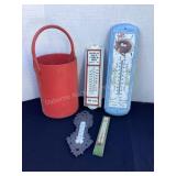 Red Plastic Pail & 4 thermometers