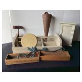 Wood tote, Butts clothes line, hook, metal wall