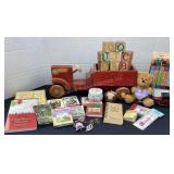 Old wood dump truck, mini books, blocks & more