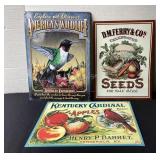 3 metal signs; hummingbird, seeds & Kentucky