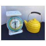 Yellow enamelware teapot & MIcroweigh scales