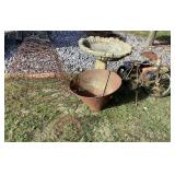 Birdbath, wire baskets, tricycle, angel & metal