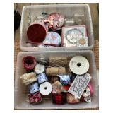 Totes of ribbon, burlap, tines, stemware & more