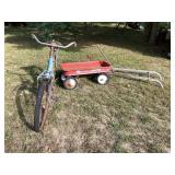 Yard decor; old bike, Radio Flyer wagon &